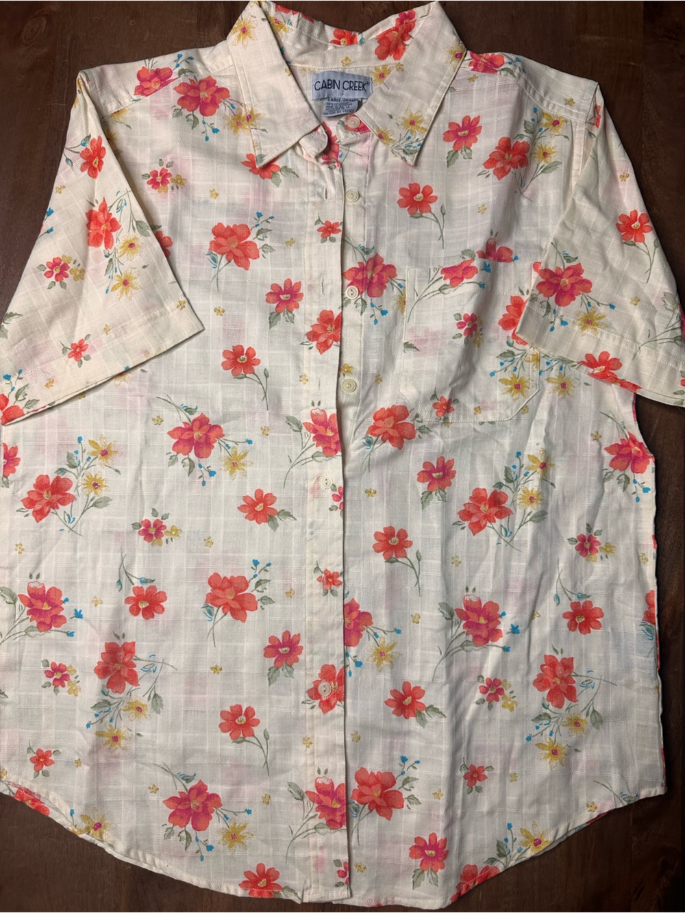 Cabin Creek White Floral Button-Up Blouse with Coral & Yellow Flowers